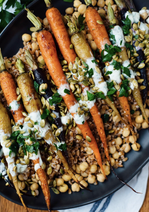 Roasted Carrots with Farro, Chickpeas & Herbed Crème Fraîche