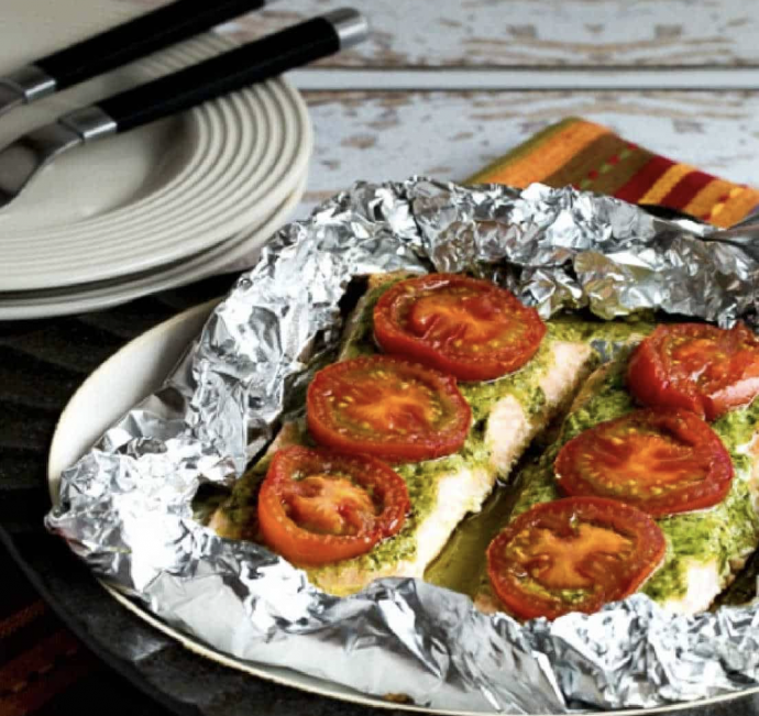 Baked Salmon with Basil Pesto and Tomatoes