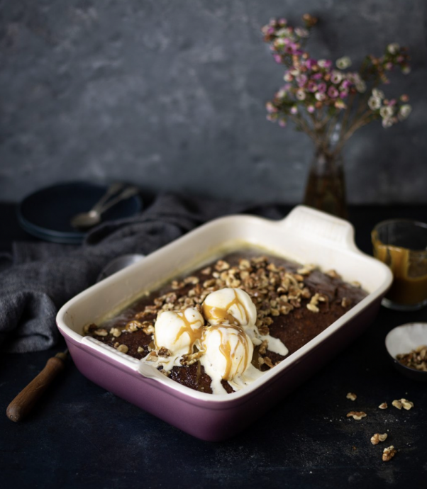 Sticky toffee, fig & walnut pudding with toffee sauce