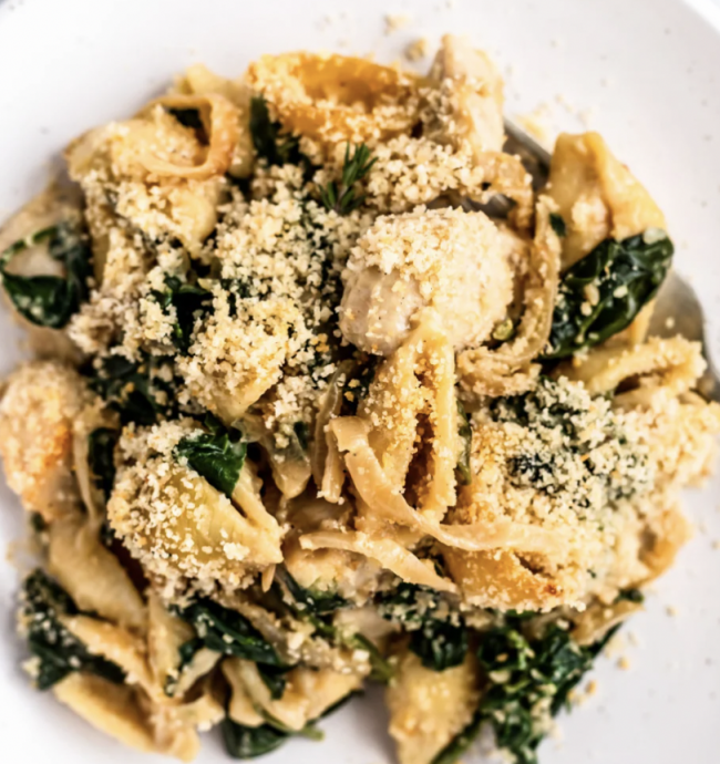 Incredible Caramelized Onion Spinach Chicken Pasta Bake