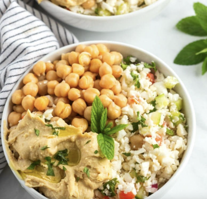Cauliflower Tabbouleh Bowls with Chickpeas and Hummus