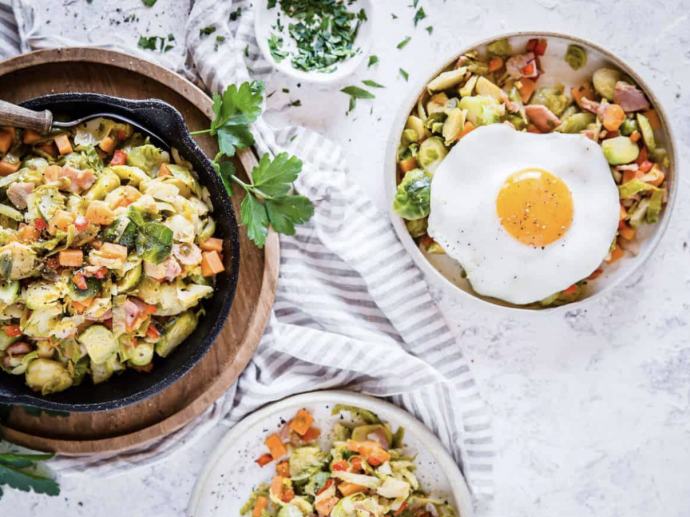 Brussels Sprouts, Sweet Potato, and Bacon Hash