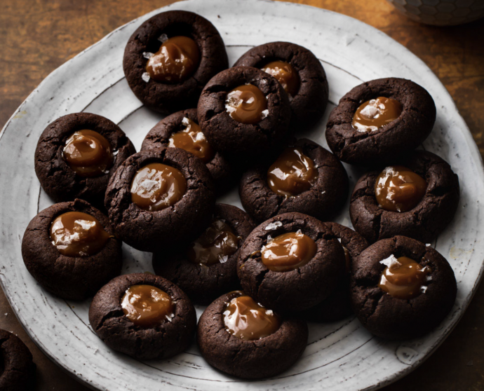 Gingerbread Chocolate Caramel Thumbprint Cookies