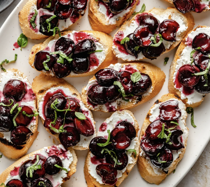 Grilled Crostini with Roasted Cherries, Goat Cheese & Basil