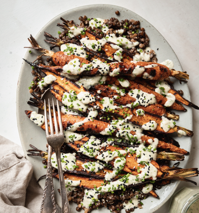 Grilled Carrots With Lentils & Roasted Garlic Chive Yogurt Sauce