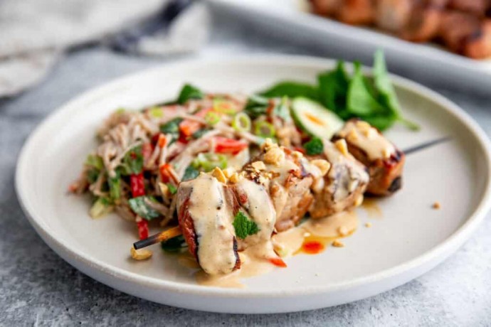 Juicy Marinated Pork Kebabs (with Peanut Noodle Salad) Juicy Marinated Pork Kebabs (with Peanut Noodle Salad)