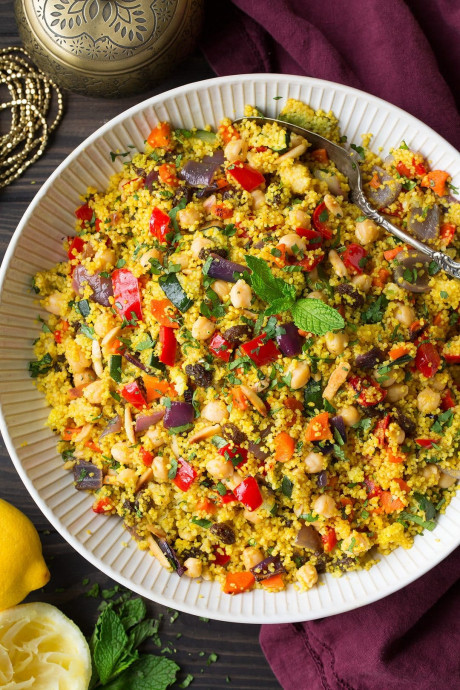 Moroccan Couscous with Roasted Vegetables Chick Peas and Almonds