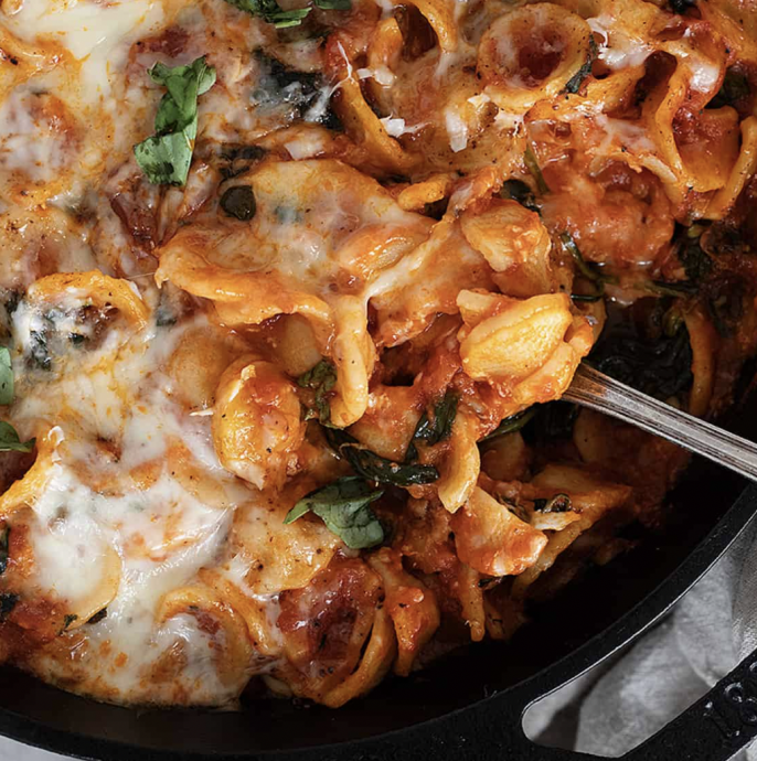 Cheesy Baked Orecchiette with Spinach