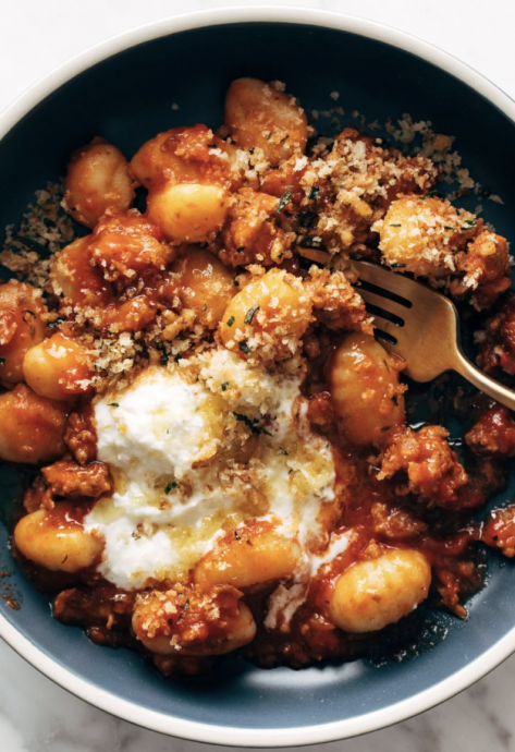 Millionaire Gnocchi with Red Sauce, Herbed Ricotta, and Golden Crispies