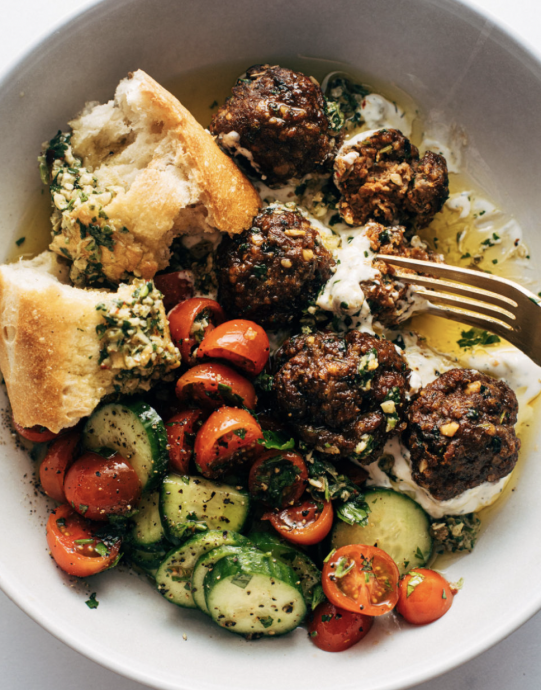 Sheet Pan Meatballs with Tomato Salad and Green Sauce