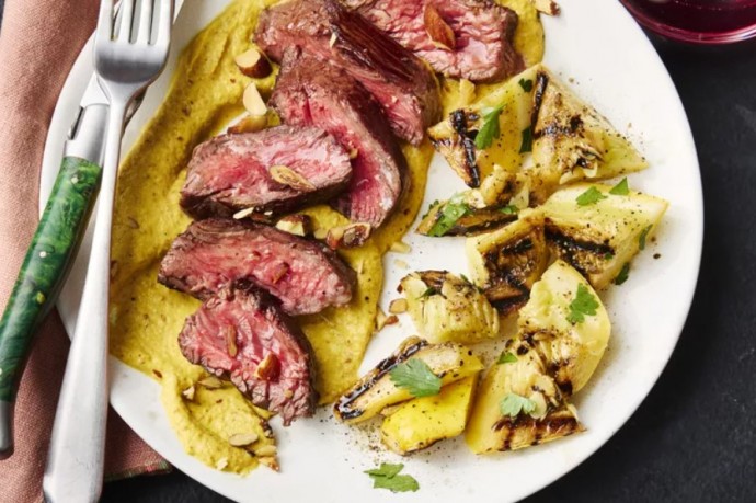 Hanger Steak with Yellow Squash Romesco