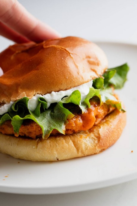 Buffalo Chicken Burgers with Whipped Feta Spread Buffalo Chicken Burgers with Whipped Feta Spread