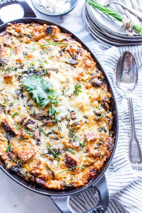 Kale Mushroom Leek Savory Bread Pudding