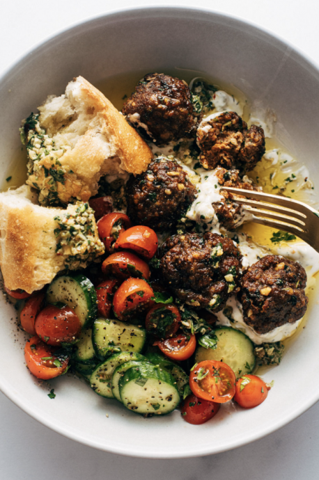 Sheet Pan Meatballs with Tomato Salad and Green Sauce