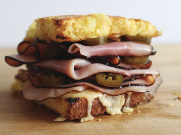 Ham and Cheese Cornbread Sandwich With Pickled Jalapenos Recipe