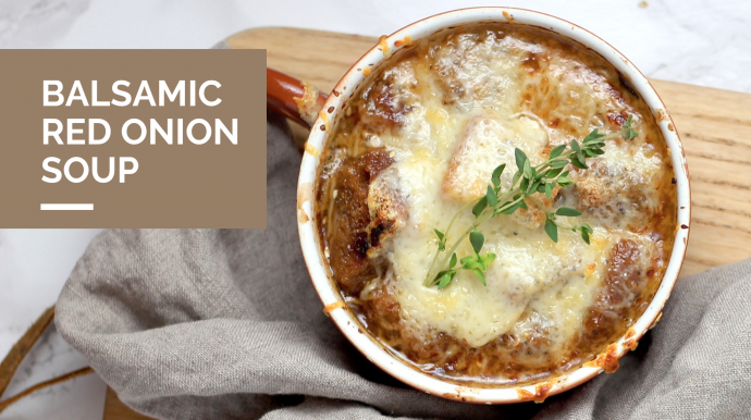 Caramelized Balsamic Red Onion Soup with Cheese-Topped Croutons