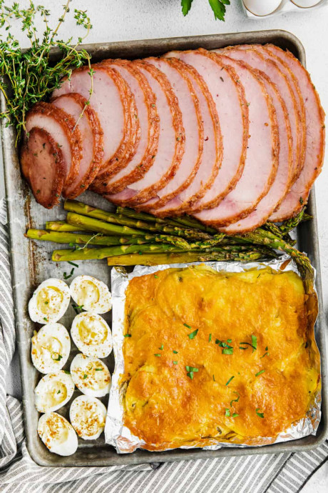 Sheet Pan Easter Dinner with Ham, Scalloped Potatoes, Asparagus, and Deviled Eggs