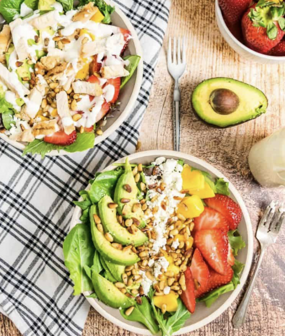 Strawberry Mango Avocado Salad with Goat Cheese and Pine Nuts