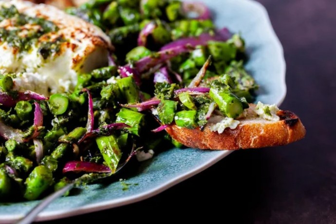 Grilled Feta With Asparagus Chimichurri