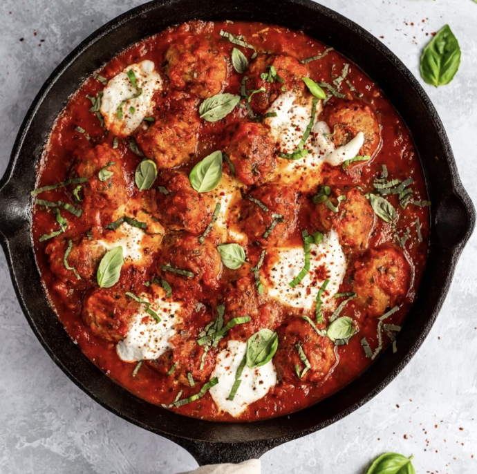 Juicy Turkey Meatballs in Tomato Basil Sauce with Burrata