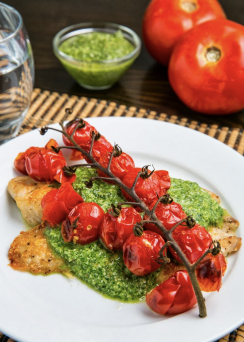 Parmesan Crusted Pesto Tilapia with Roasted Tomatoes