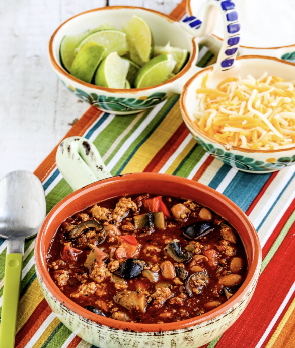 Turkey Chili with Peppers, Mushrooms, and Olives