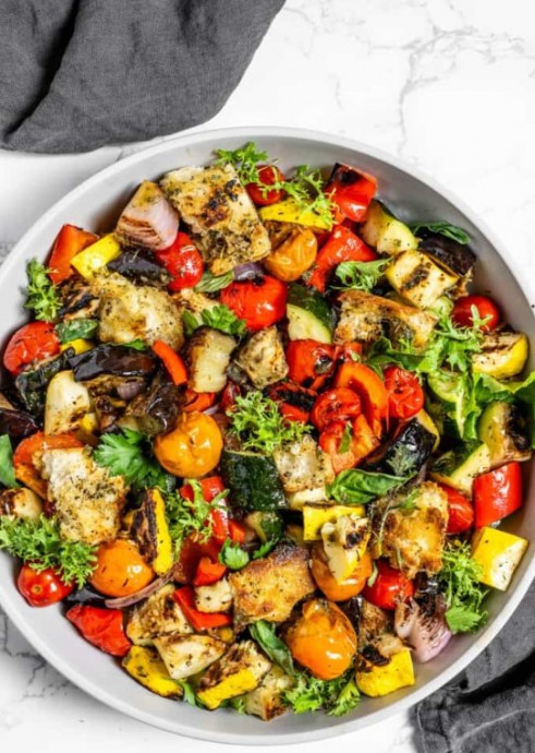 Grilled Vegetable Salad with Giant Hot Croutons