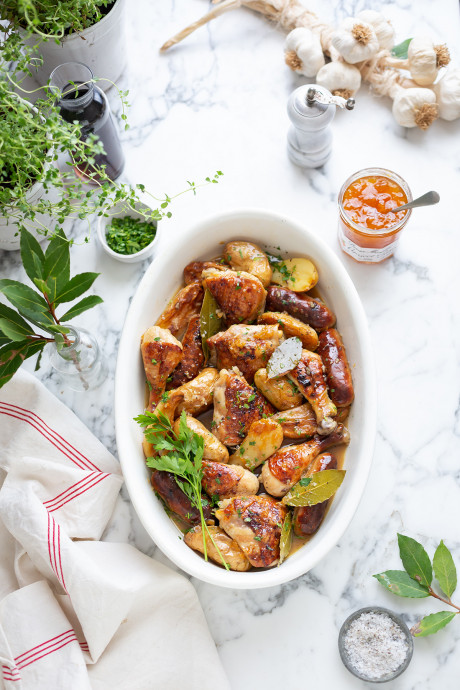 Chicken, sausage and potato tray roast