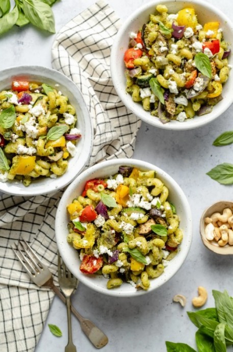 Roasted Rainbow Vegetable Pasta with Cashew Pesto + Goat Cheese