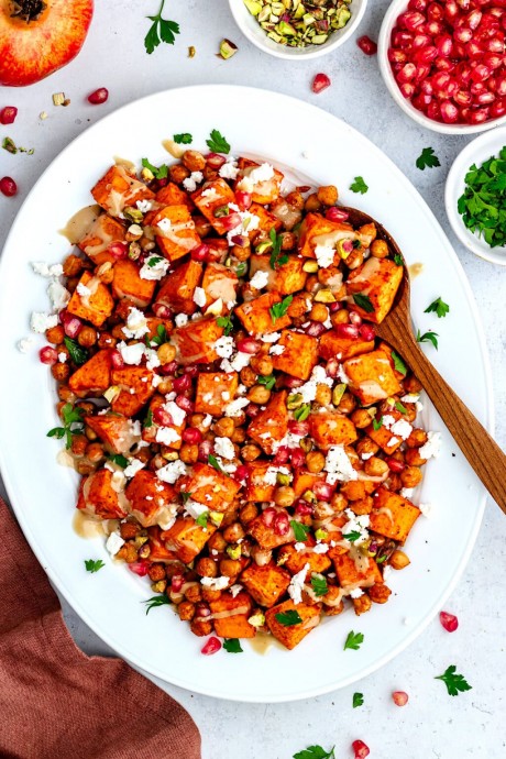 Roasted Sweet Potatoes & Chickpeas with Feta, Pomegranate & Maple Tahini