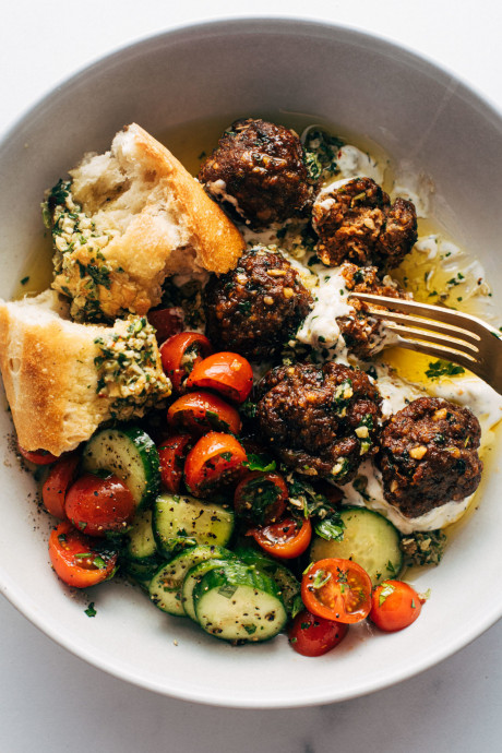 Sheet Pan Meatballs with Tomato Salad and Green Sauce