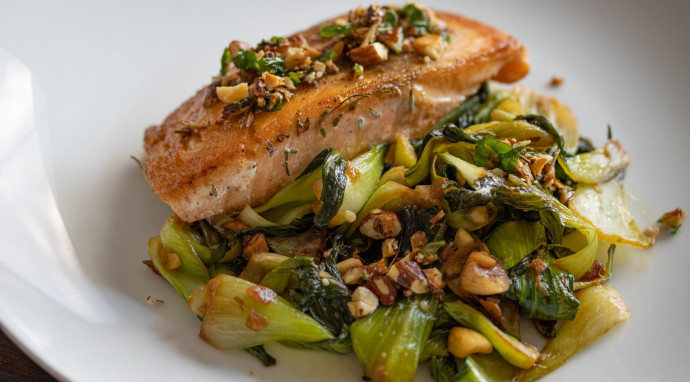 Salmon With Steamed Bok Choy And Almonds