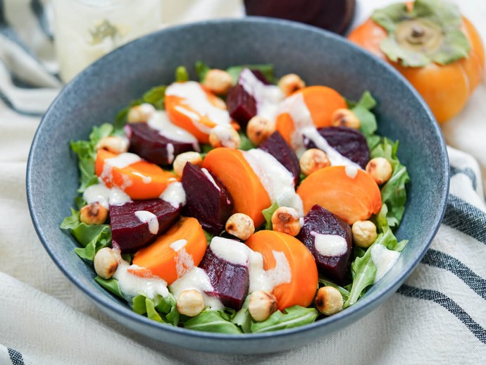 Beet Persimmon Salad with Goat Cheese Dressing