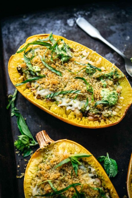 Pesto Spaghetti Squash Boats With Mushrooms