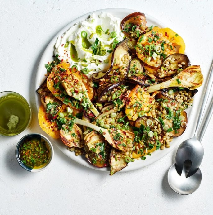 Grilled eggplant salad with freekeh, artichoke, tomato and labne