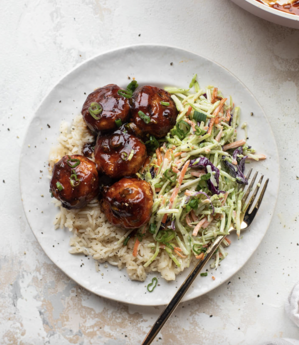 Sticky Bbq Chicken Meatballs With Broccoli Slaw