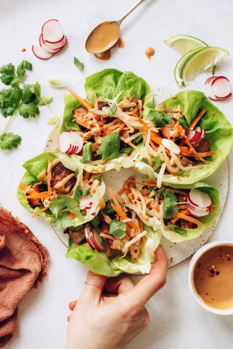 Crispy Tofu Lettuce Wraps with Peanut Sauce