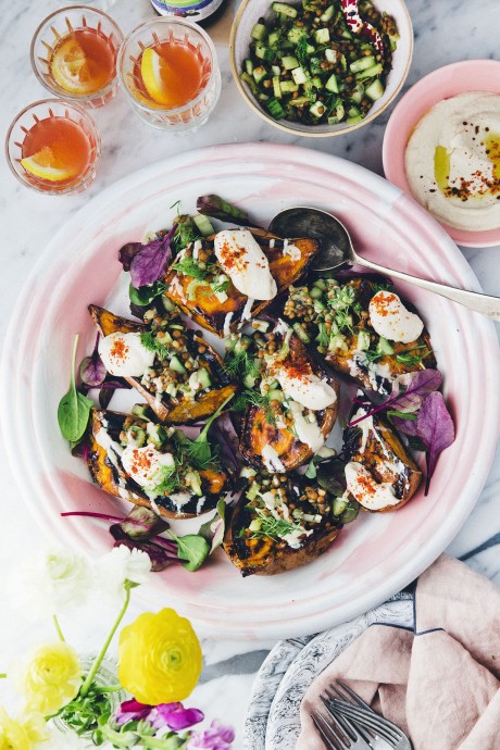 Charred Sweet Potatoes with Butter Bean Hummus & Lentil Salad