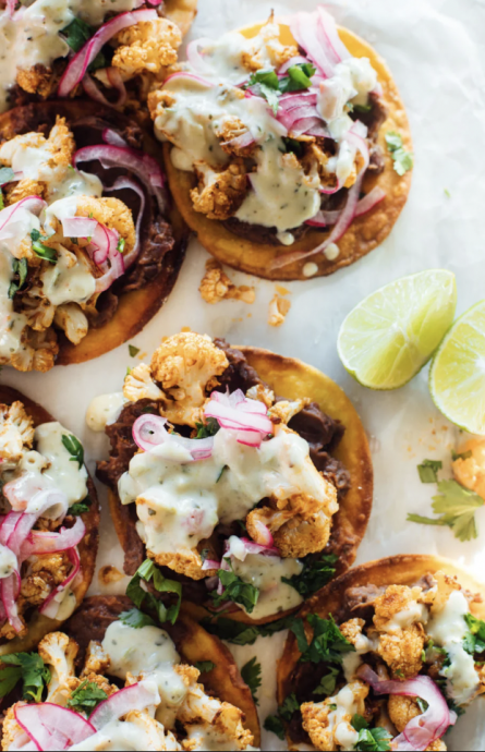 Cauliflower Black Bean Tostadas with Queso and Pickled Onion