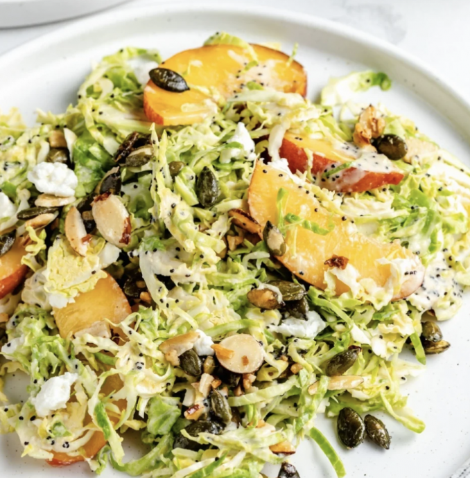 Peach Brussels Sprouts Crunch Salad with Creamy Tahini Poppy Seed Dressing