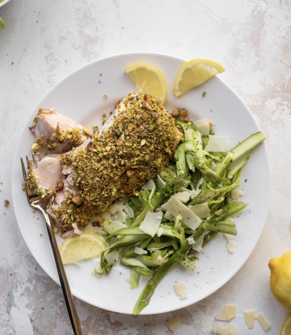 Pistachio Crusted Salmon With Shaved Asparagus Salad
