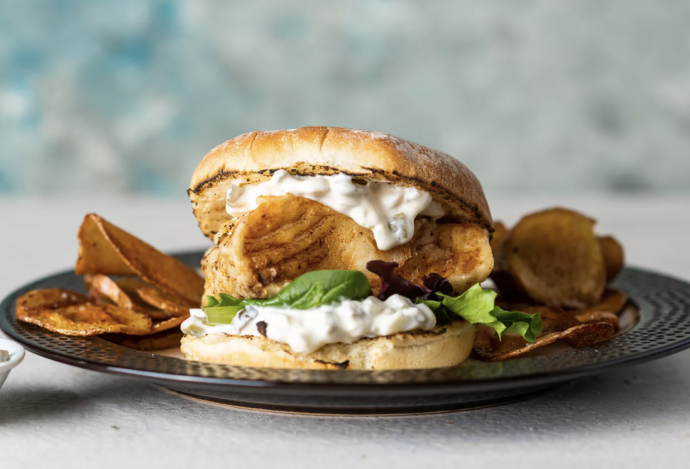 Fried Fish Sandwich With Tartar Sauce and Hand-Cut Chips