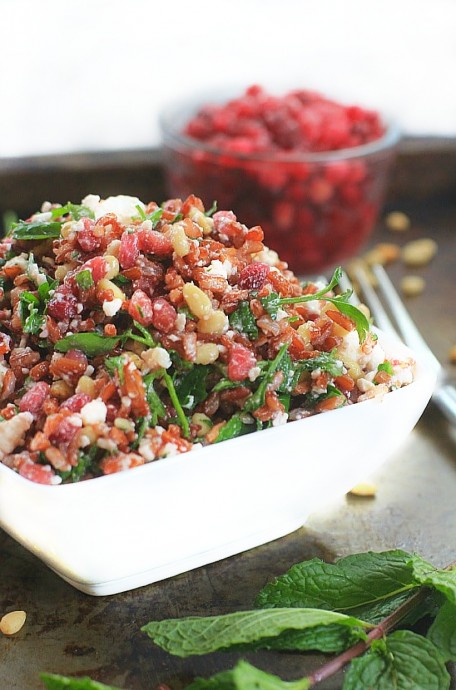 Vegan: Easy Sprouted Rice Salad with Pomegranate, Feta, Pine Nuts, and Fresh Herbs
