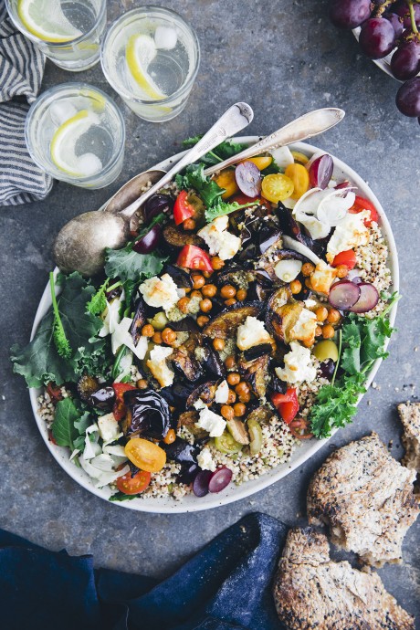 Roasted Aubergine & Millet Salad with Hot Chickpeas and Feta