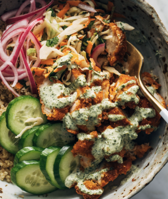 Crispy Chicken Tikka Bowls with Mint Sauce