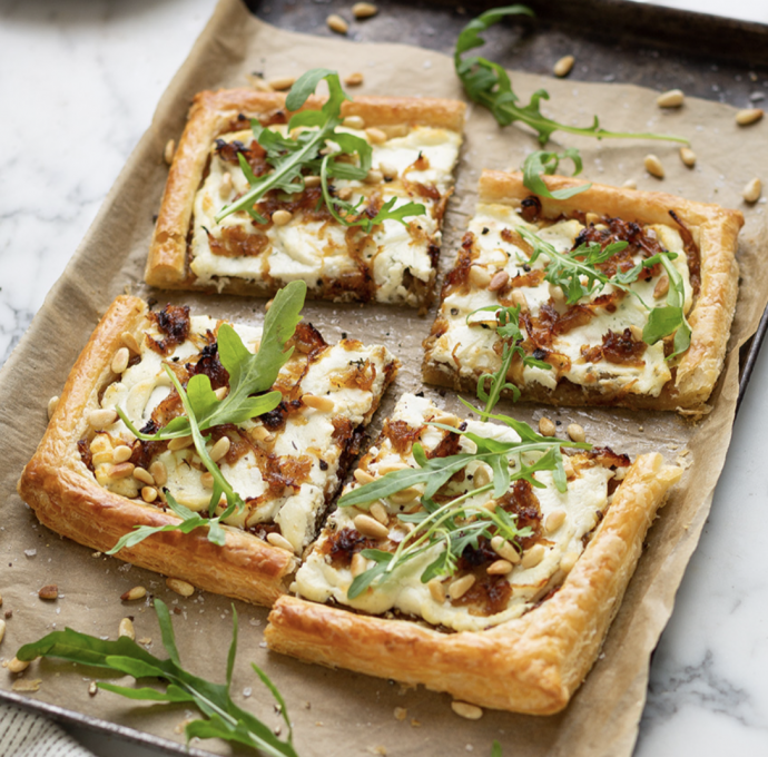 Caramelised onion tart with whipped ricotta & goats cheese