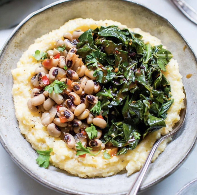 Black Eyed Peas With Smoky Collards And Cheesy Grits