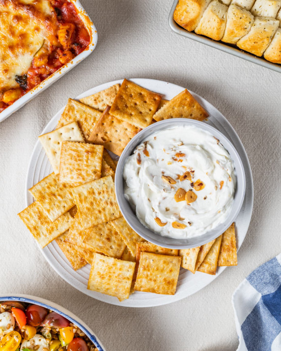 Butter-Baked Saltines with Chili-Crisp Yogurt Dip