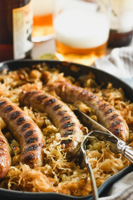 Baked Brats in Caramelized Sauerkraut