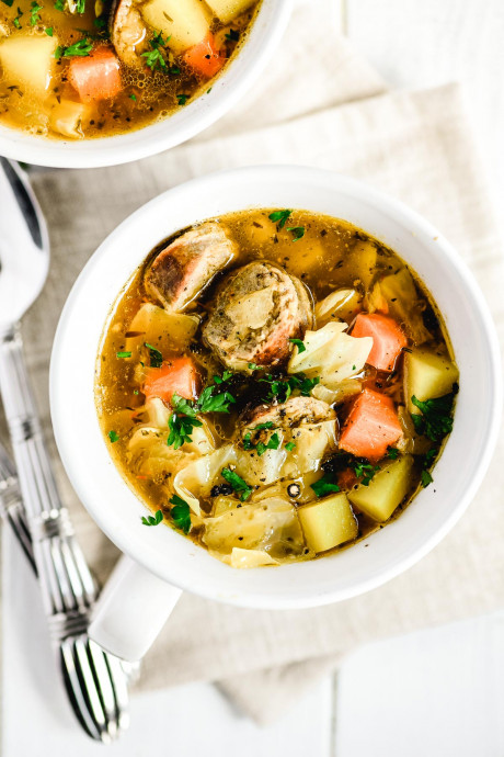 German Potato Soup (Kartoffelsuppe) with Bratwurst